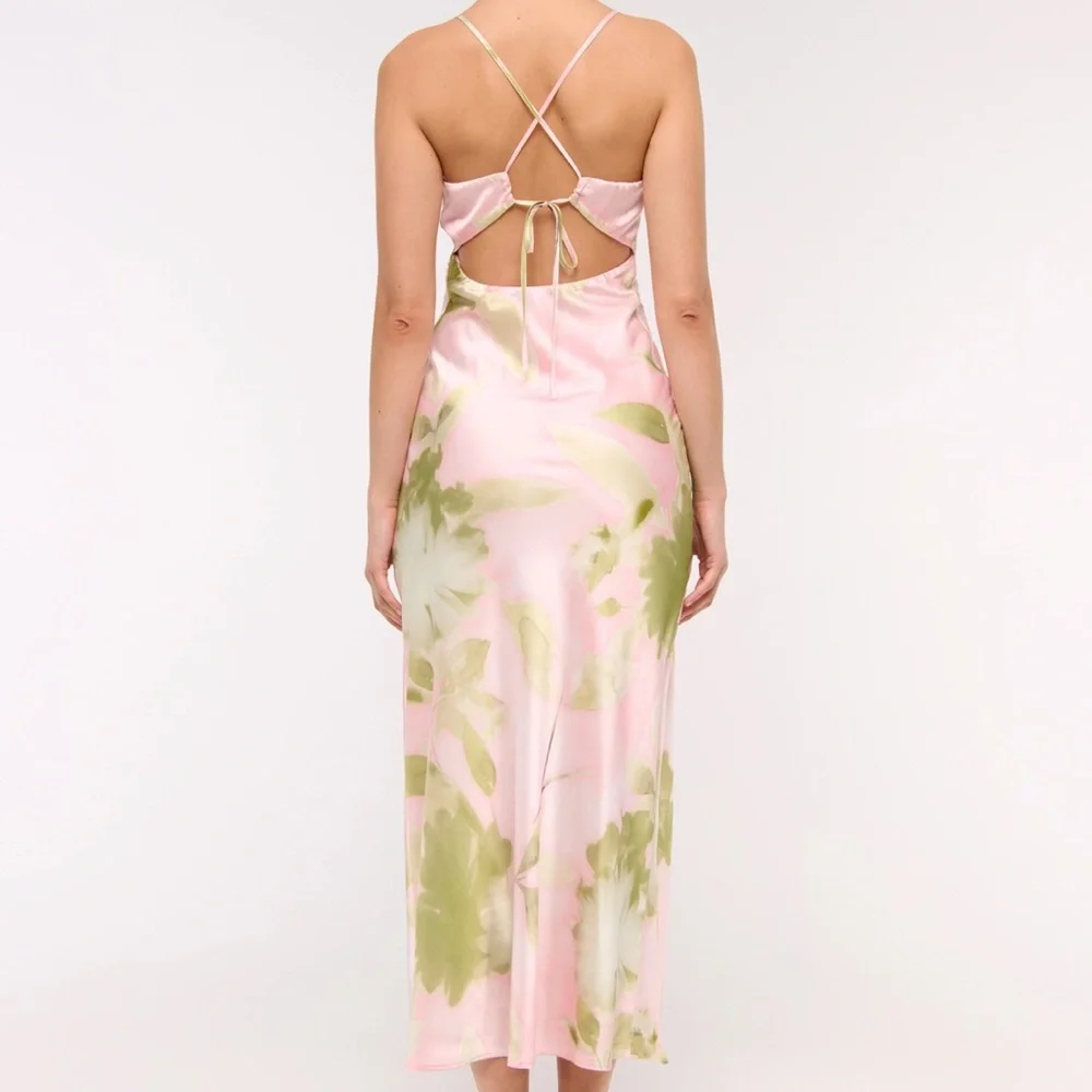 NWT Abercrombie & Fitch M Satin Julia Slip Tie-Back Maxi Dress Light Pink Floral
